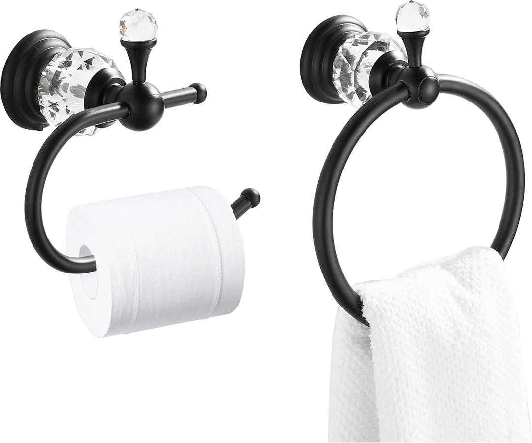 WOLIBEER Crystal Towel Ring,Matte Black Toilet Paper Holder Stand Hand Towel Holder Towel Hook Tissue Roll Paper Holder Towel Hanger Bathroom Hardware 2 Pieces Sets Wall Mounted