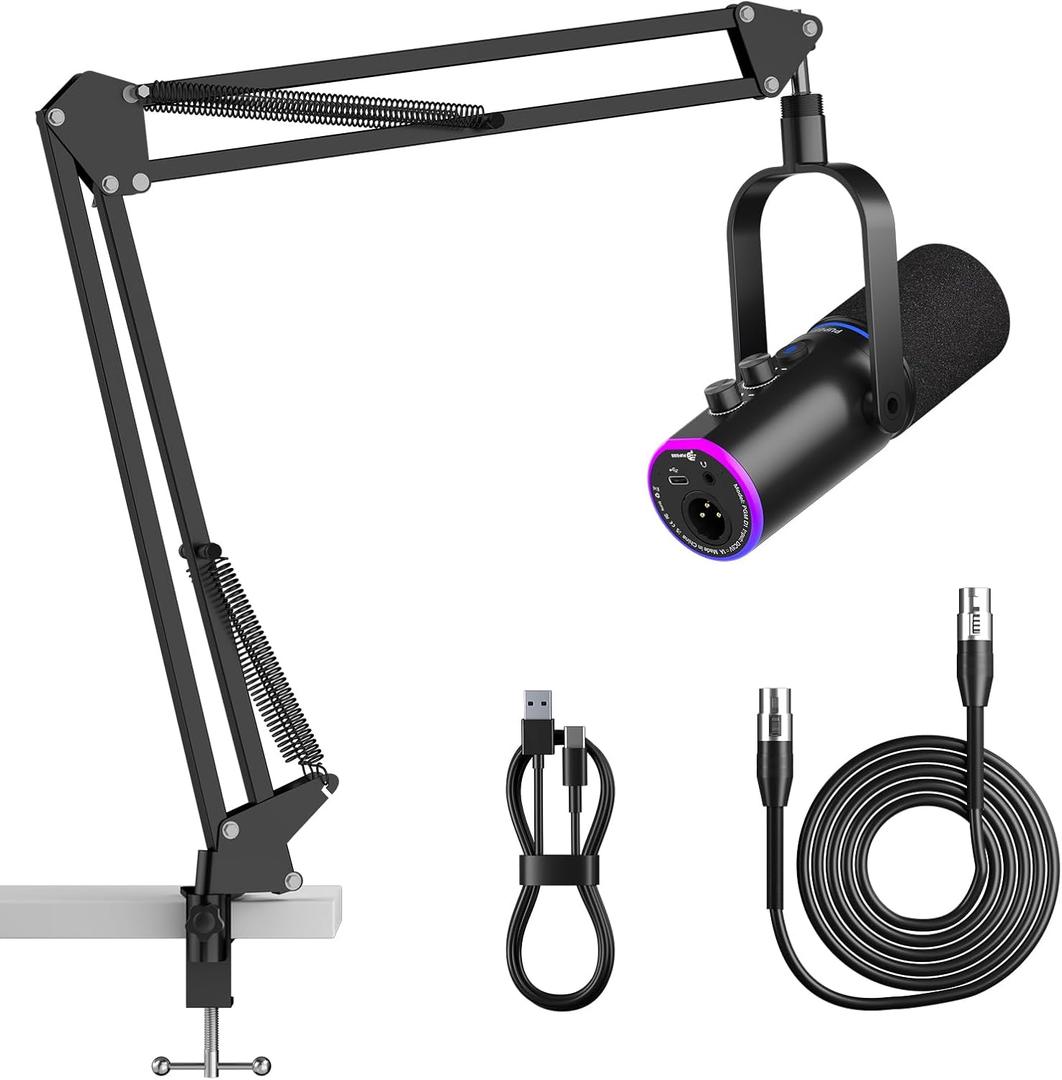 P PUPGSIS XLR/USB Podcast Microphone, Gaming Mic with Mute Button, Reverb Effects, Noise Cancellation, Boom Arm Stand, Headphones Jack, Dynamic Microphone for Streaming/Recording/Gaming/VocalBlack
