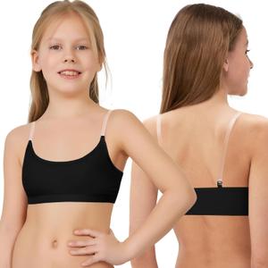 Girl Dance Bra - Seamless Wireless Elastic Bras with 2 Pair Adjustable Replace Clear Straps Silicone Covers (Large, Black)