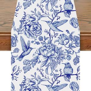 Snycler 13x72 Inch Table Runner Blue and White Monochrome Sketch Birds Flower Table Cover Retro Floral Kitchen Dining Table Decoration for Indoor Outdoor Home Party Restaurant Supplies