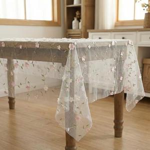 Horaldaily White Gauze Floral Tablecloth 60×84 Inch Rectangular, Light Pink Flower Spring Summer Tulle Table Cover, Garden Party Decor for Wedding, Party, Holiday Dining