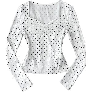 RoseSeek Girl's Cute Polka Dots Long Sleeve Tee Top Ruched Sweetheart Neck Coquette T Shirts, 14Y