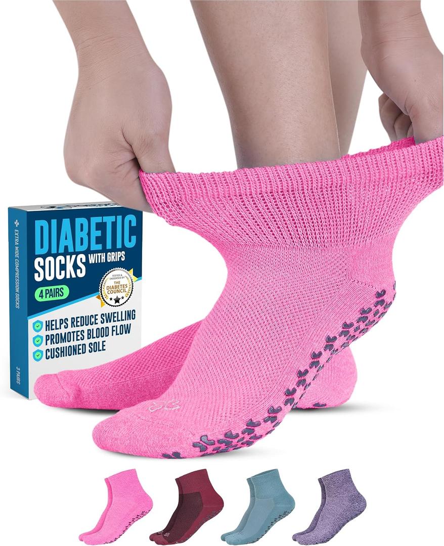 Doctor's Select Diabetic Ankle Socks with Grippers for Men and Women - 4 Pair 1/4 Length Neuropathy Socks for Women (Large)