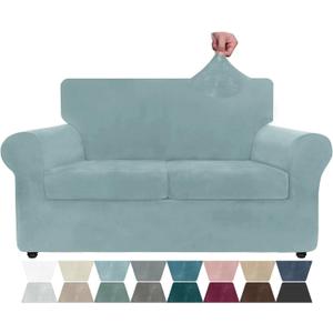 ZNSAYOTX Luxury Velvet Sofa Cover 3 Piece (57"-70") Stretch Loveseat Covers for 2 Cushion Couch Thick Soft Couch Slipcover with Non Slip Strap, Dog Pet Friendly Nice Furniture Protector (Stone Blue)
