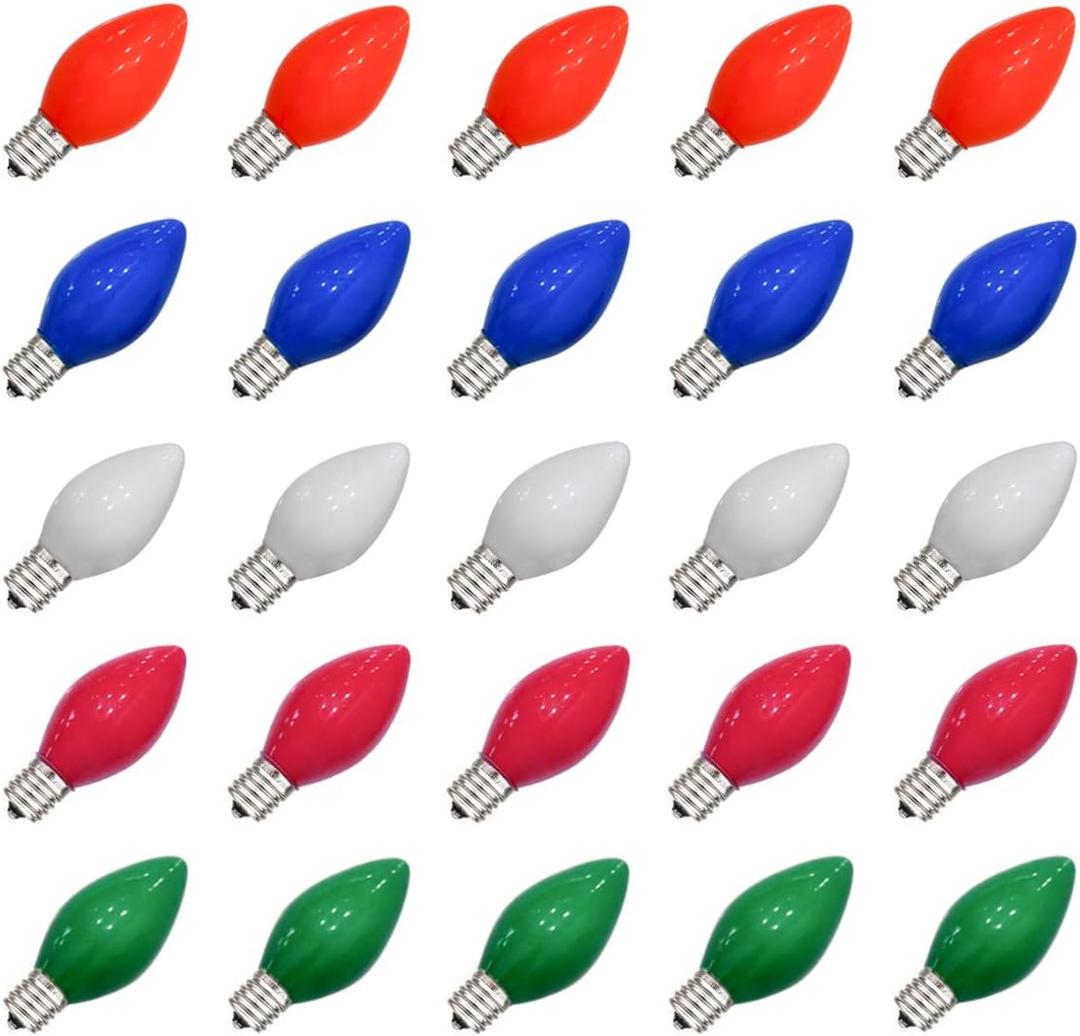 SUNSGNE 25 Pack C7 Multicolor Christmas Replacement Bulbs, Vintage Multicolor Ceramic Light Bulbs for C7 Christmas String Lights, E12/C7 Candelabra Base, 5 Watt