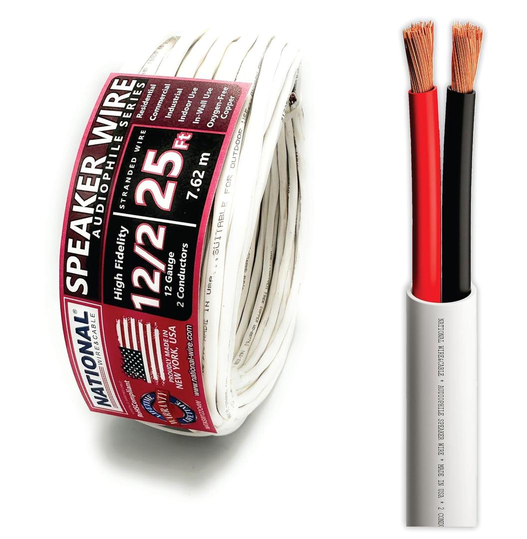 NATIONAL Wire&Cable - 12/2 Audiophile Speaker Wire (25 Feet) 12AWG Gauge - Made in USA - in Wall Audio Speaker Wire Cable/CL Rated/ETL Listed / 2 Conductors - OFC Oxygen-Free Copper, White 25ft