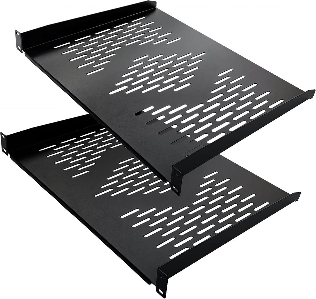 RIVECO 2 Pieces 1U Rack Shelves 19 Tray Cabinet Mount Vented Cantilevers for Network Equipment Shelf Mounting, 14 Inches 35CM Depth, Black 2PCS