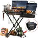 Portable Charcoal Grill with Smoking Function, Foldable Suitcase Design with Wheels, Multi-Tier Storage Rack & Waterproof Cover for Outdoor BBQ Parties (Blue)