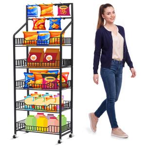 DoubleFill 2 Set 5 Tier Snack Display Rack with 15 Hooks & Wheels, Metal