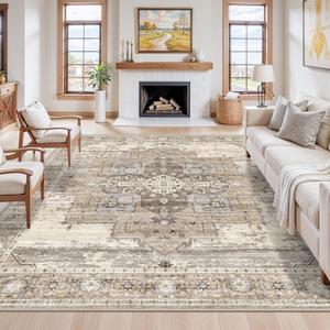 RUUGME Washable 10x10 Area Rug - Large Vintage Area Rugs with Non Slip Backing Low Pile Stain Resistant Carpet for Bedroom Dining Room Indoor Soft Carpets Home Decor Decoration Mat, Beige