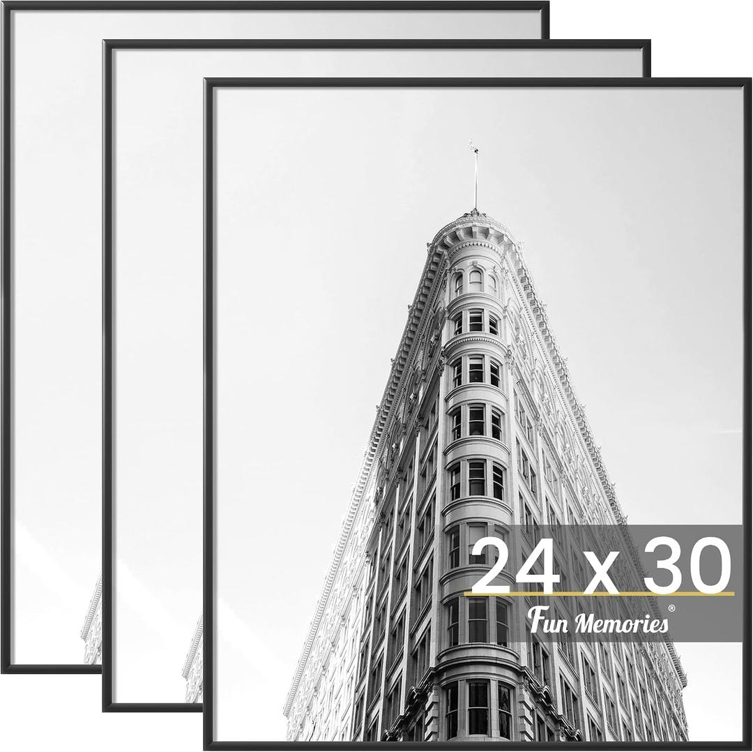 Fun Memories 24x30 Poster Frame for Photo, Posters & Art Prints, Horizontal or Vertical Wall Mounting Scratch-Proof Wall Gallery Photo Frame (Black, 3 Pack)