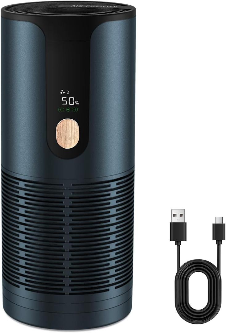 Portable Small Car Air Purifier | HEPA Mini Air Purifier for Car/Desk/Travel, USB Rechargeable, 15DB Quiet, LCD Display, Filters Odors/Smoke/Dust