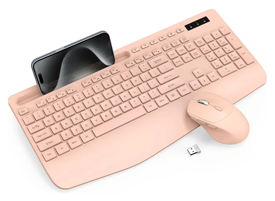 Trueque Wireless Keyboard and Mouse Combo - Full-Sized Ergonomic Keyboard with Wrist Rest, Phone Holder, Sleep Mode, Silent 2.4GHz Cordless Keyboards Mice Set for Computer, Laptop, PC, Windows ( Light Pink)