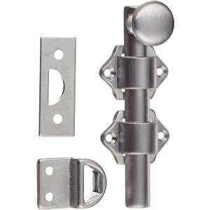 Rockwood 630-4.26D Solid Brass Surface Bolt with Universal And Mortise Strike, 2 Guide, 4" Bolt Length, Brass Satin Chrome Plated Finish