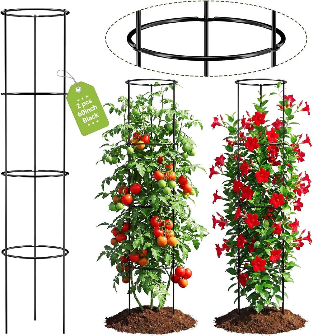 60 Inch Round Tomato Cages for Garden - 2 Pack Heavy Duty Metal Tomato Trellis Plant Support, Adjustable Height & Stackable, Easy Assembly for Outdoor Climbing Plants