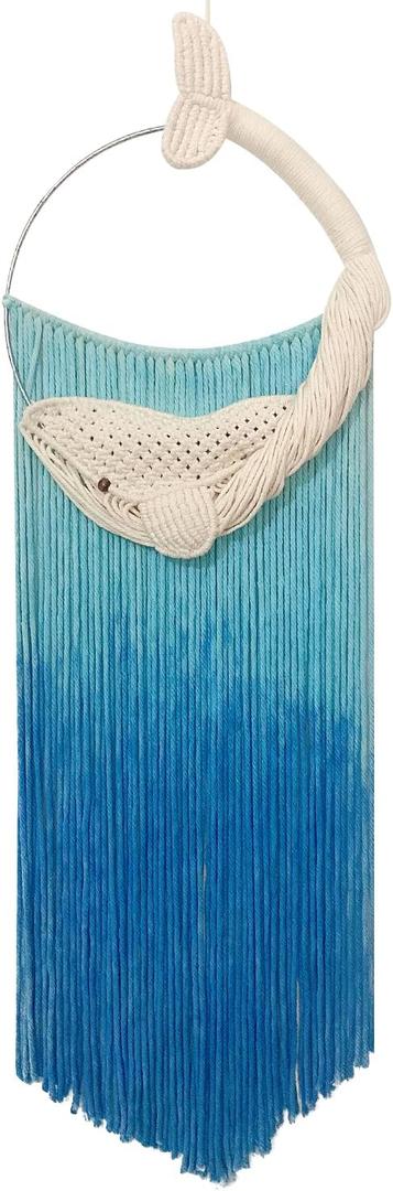 HOLSM-III Whale Boho Tapestry Wall Hanging, Handmade Wall Tapestry for Bedroom, Bohemian Decor, Macrame Wall Decor, Blue