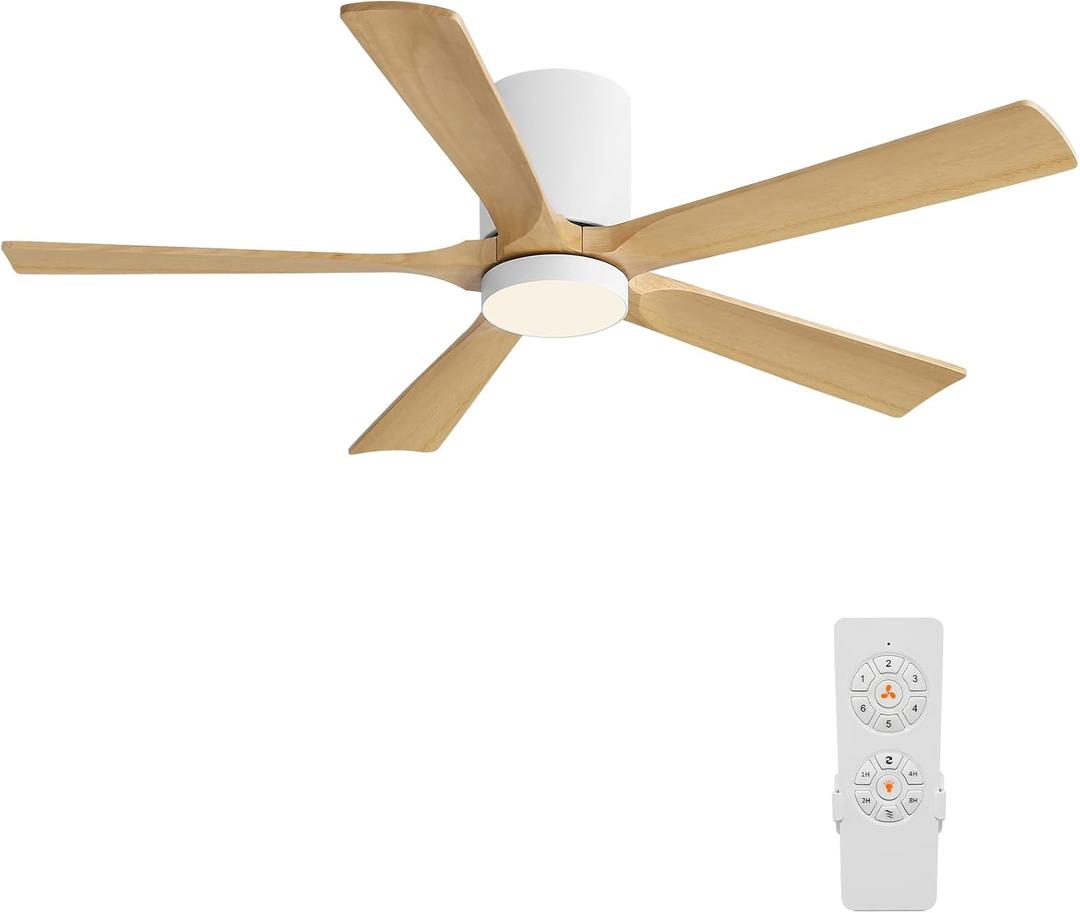 ELEHINSER Flush Mount Ceiling Fan with Lights (White+Light Wood,52")