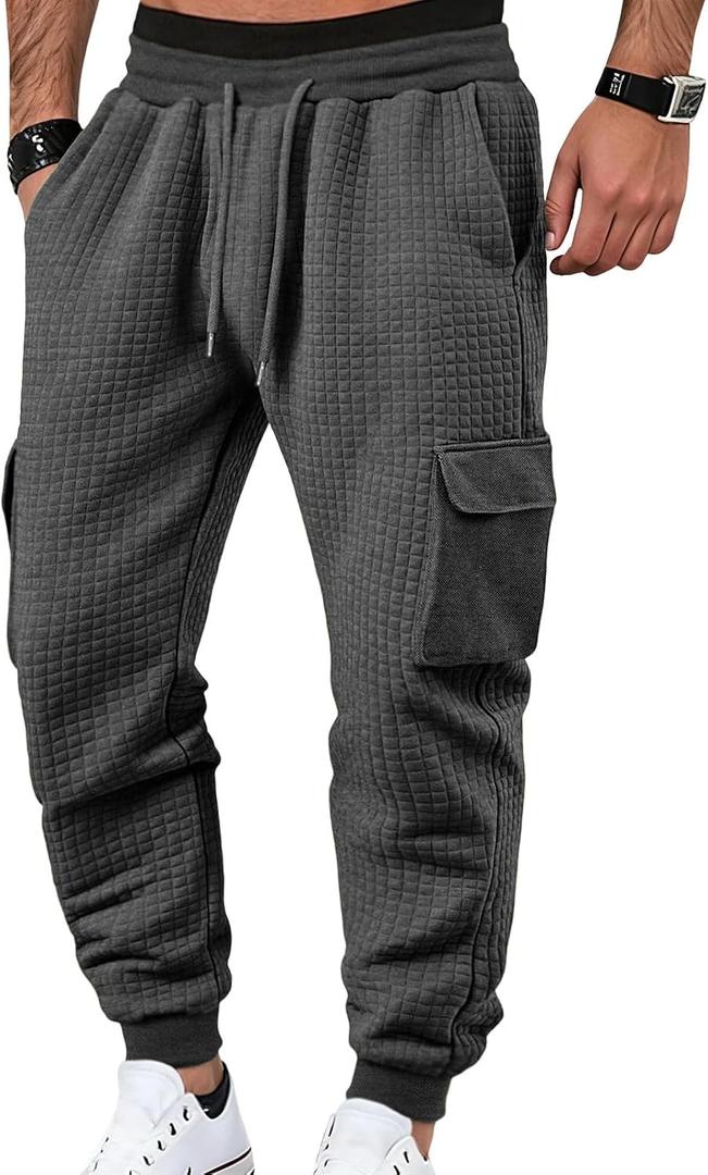 Mens Sweatpants Waffle Knit Pants Elastic Waist Drawstring Jogger Sweatpants with Pockets (Gray, M)