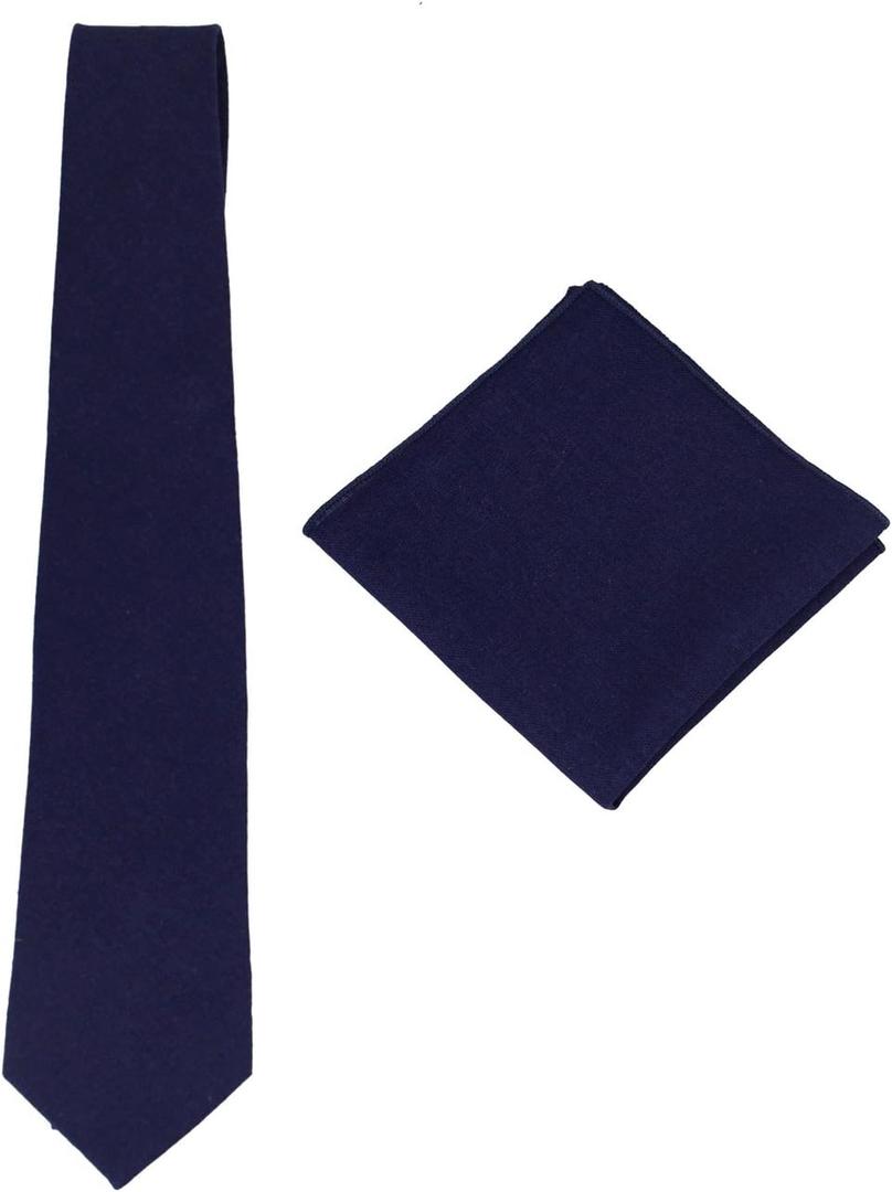 Gollate Mens Solid Linen Tie Set : Slim Necktie with Matching Pocket Square (Navy Blue)