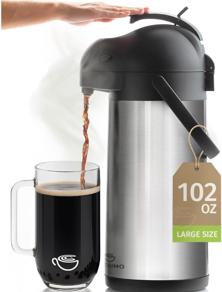 Cresimo Coffee Carafe with Pump - 102oz / 3L Airpot 12 Hours Large Hot Water Carafe, Cocoa Dispenser for Parties - Tea Flask, Insulated Stainless Steel Airpots for Hot Beverage Dispenser -Coffee Pump (Silver)