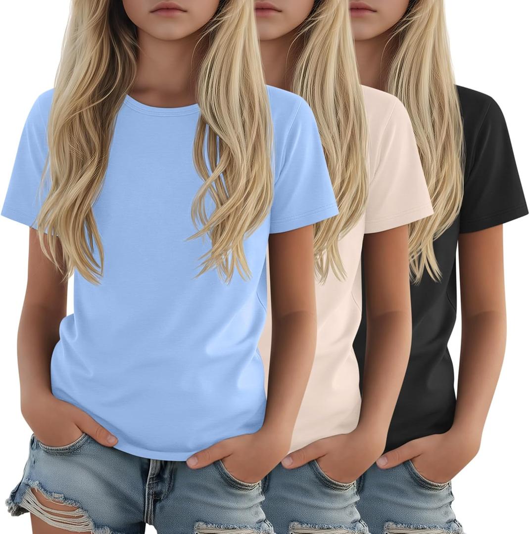 LessonZoo 3 Pack Girls Shirts Plain Short Sleeve Tops Teens Youth Summer Tshirts Crewneck Loose Fit Casual Basic Tees(Black, Cream, Sky Blue,11-12 Years)