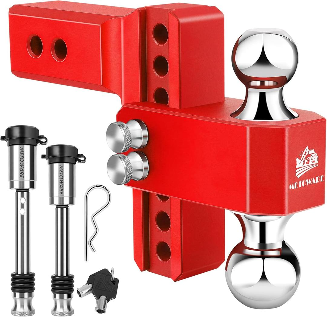 METOWARE Adjustable Trailer Hitch for 2.5 Inch Receiver, 6" Drop/Rise Heavy Duty Aluminum Tow Hitch, 18,000 LBS GTW, Dual Ball (2" & 2-5/16"), Double Stainless Steel Locks & Hitch Pin (Red)