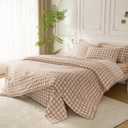 SDY 7PCS Brown Gingham Bow Bedding Set Queen，Soft Washed Microfiber Plaid Comforter Set and Checkered Sheets for Man Woman Adult，Cozy Brown Gingham Comforter