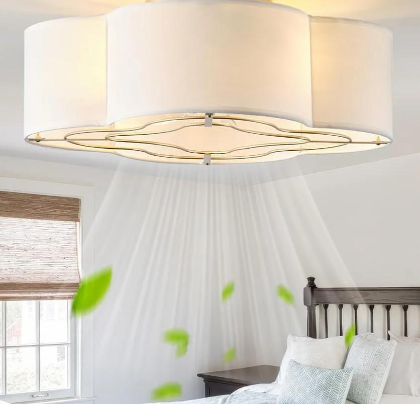 Caged Ceiling Fan with Light, Rattan Flush Mount Ceiling Fans with Lights Remote Control, Low Profile Fabric Enclosed with 6 Speeds for Bedroom, Living Room, Foyer, Nursery (White)