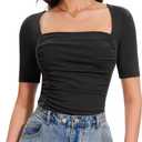Amoretu Women's 2025 Ruched 1/2 Sleeve T-Shirts Square Neck Fitted Going Out Tops (Black, M)