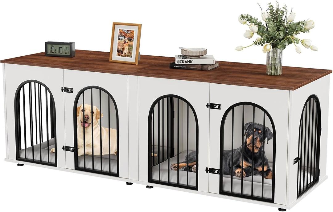 71 Inch Double Wooden Dog Crate Furniture with Divider TV Stand for 2 Dogs | Removable divider, soft cushion mat, dual dog indoor kennel, multi-use living room furniture,White Brown