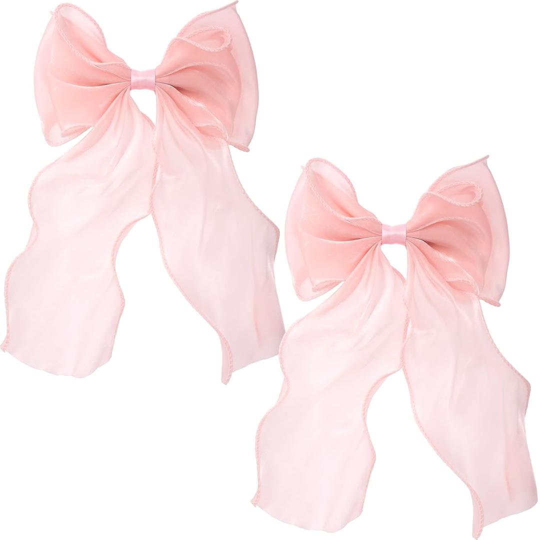 2Pcs Large Hair Bow Clips, Pink Silk Yarn Ribbon Bow Hair Barrette for Women, Elegant Long Tail Bowknot French Hair Accessories for Wedding, Parties, Festivals