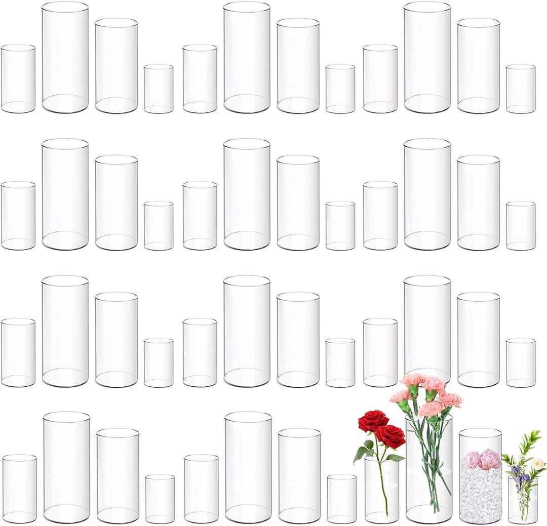 48 Pack Plastic Cylinder Vases for Centerpiece, 4 6 8 10 Inch Tall Acrylic Cylinder Vase Bulk Set Hurricane Candle Holder Glass Like Large Round Clear Plastic Flowers Vases for Wedding Home Office
