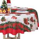 LUSHVIDA Christmas Tablecloth Round - 60inch Holly Ribbon Pattern Washable Wrinkle Resistant Holiday Tablecloths for Christmas Family Gathering, Dining Room Table 130GSM