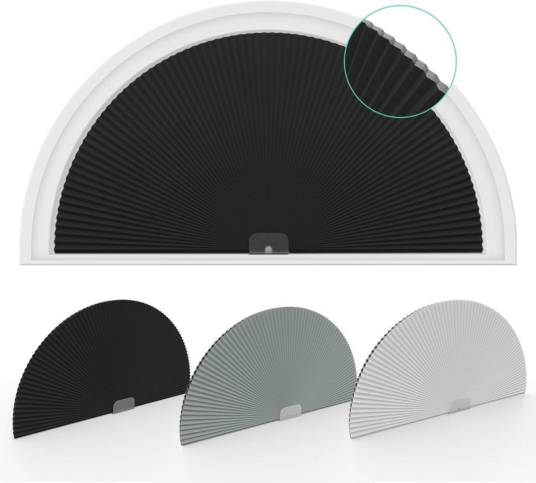 Changshade Arch Window Shades Blackout,Half Moon(Radius: 24") Blackout Pleated Window Shades, Half Circle No Drill Cellular Shades for Windows, Easy Cut and Install,Pack of 2, 24"*48"-2pcs
