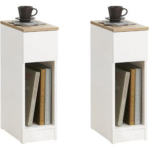 SoBuy Narrow Nightstand Set of 2, Slim Bedside Tables with Drawers Suitable for Small Space, Small Side Tables Bedroom for Easy Assemble (White & Natural)
