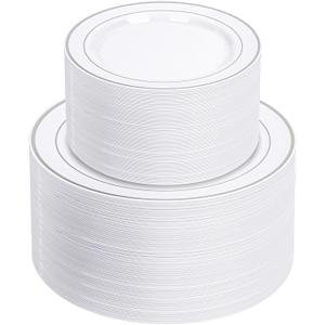 NOCCUR 200PCS Silver Plastic Plates Disposable for 100 Guests - Include 100 Dinner / 100 Dessert Plates Heavy Duty - Ideal for Party, Wedding, Christmas