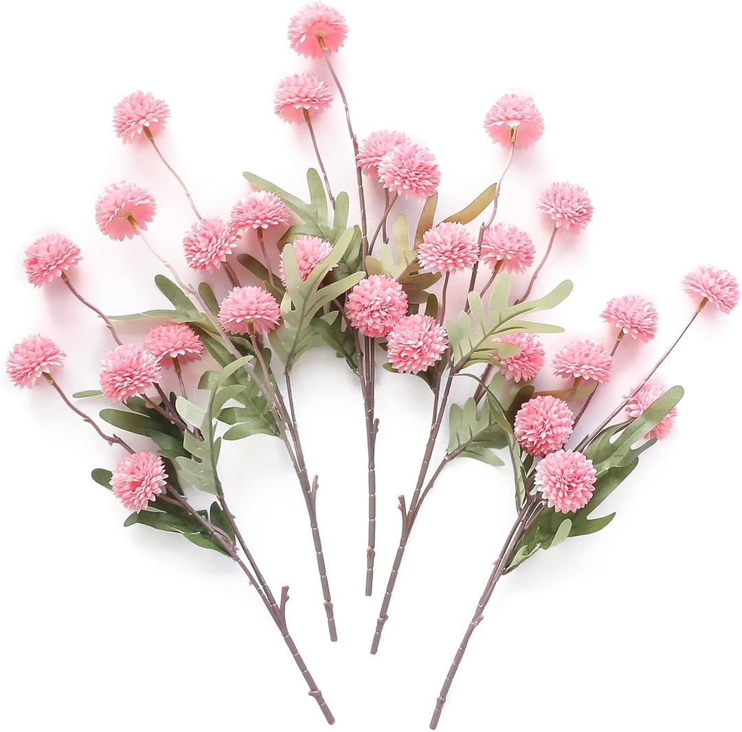 Floroom 5pcs Faux Silk Pompon Mum Artificial Flowers, Bulk Fake Mini Chrysanthemums with Stems for DIY Bouquet Centerpieces Wedding Fillers Blush Arrangements Shower Decorations, Pink