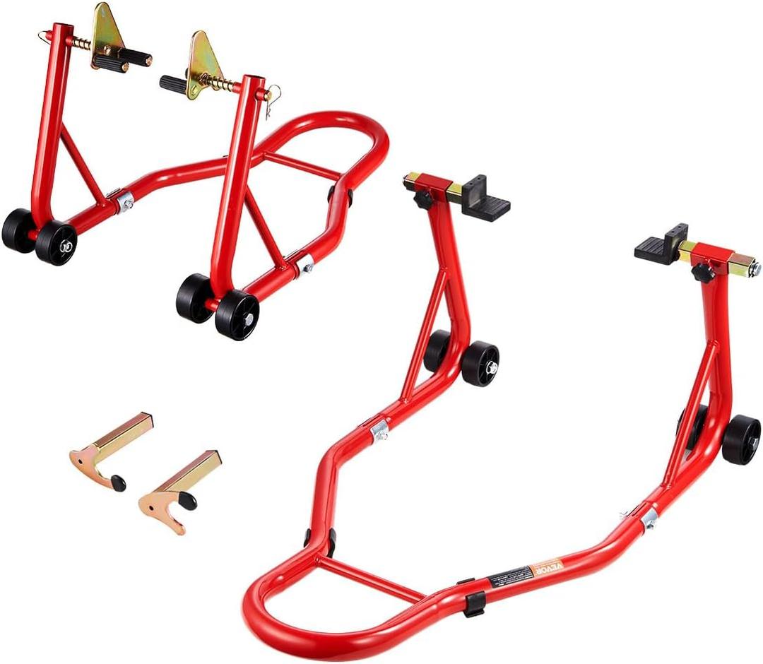 VEVOR Motorcycle Stand Lift, 850lbs Capacity Front Rear Combo Stand Lift, Front Wheel Dual-Fork Stand, Rear U+L Fork Swingarm Spool Stand, for Most Yamaha Honda Kawasaki Suzuki Motorcycles, Red