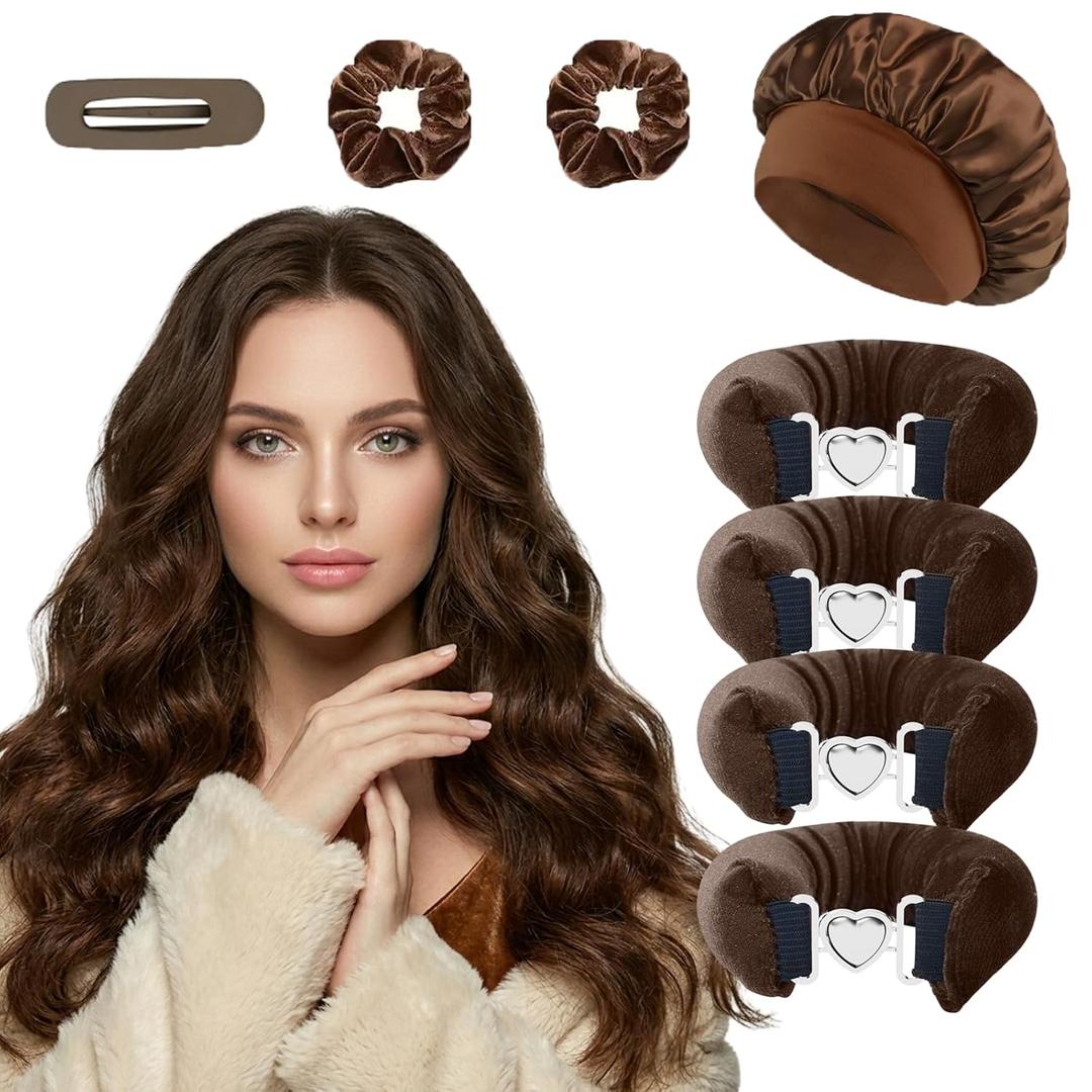 Heatless Curls Overnight Hair Curlers Set – 4PCS Jumbo Velvet Rollers with Shower Cap, No-Damage Flexi Rods for Beautiful Waves