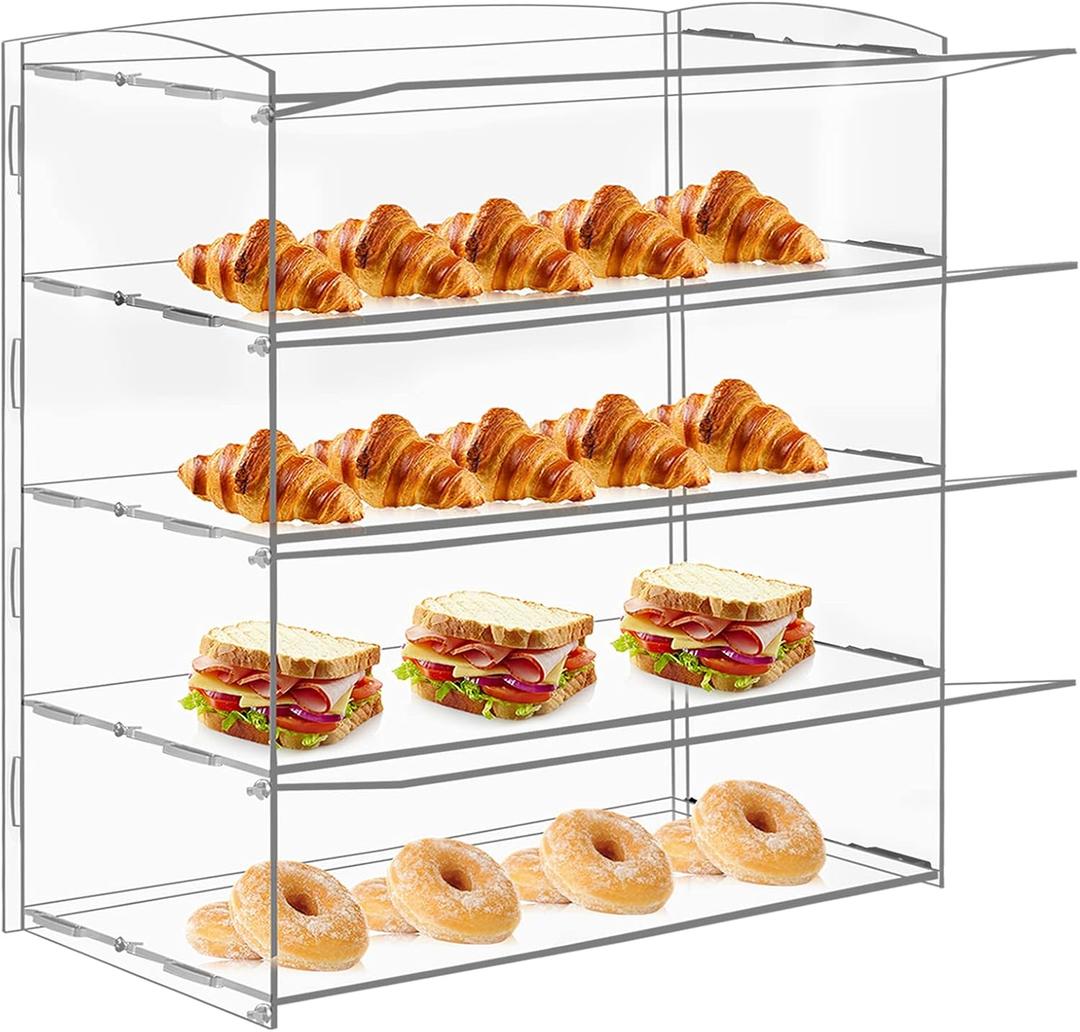 Acrylic Display Case 4 Layer Bakery Pastry Display Case Countertop Dessert Acrylic Display Shelf Donut Cookie Display Cabinet Wood Case