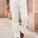 Runcati Mens Casual Pants Drawstring Elastic Waist Lightweight Linen Pants Loose Fit Straight Legs Beach Trousers White (White, XXL)
