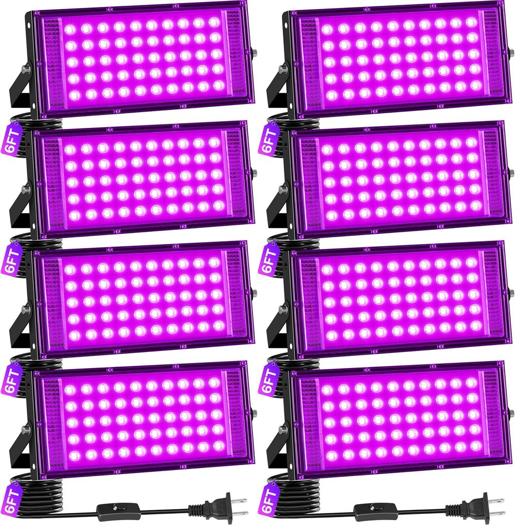 50W LED Black Light IP66 Waterproof 8 Pack, Outdoor Blacklight Flood Light with Switch+6FT Cord, Blacklight Spotlight for Neon Glow in The Dark Party Body Paint Fluorescent Poster Classroom Halloween
