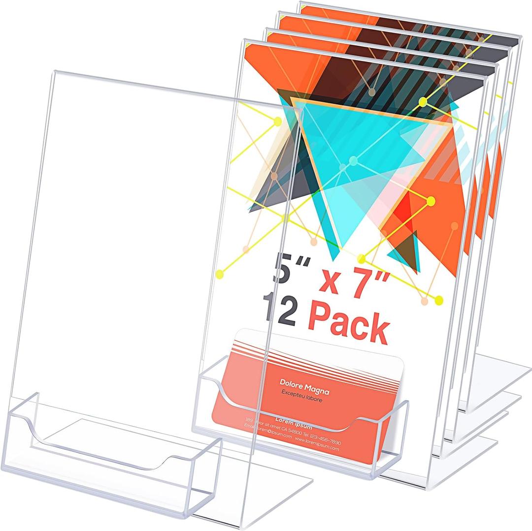 Remerry 12 Pcs Acrylic Sign Holder with Business Card Holder Slanted Paper Stand Clear Brochure Display Stand Heavy Duty Plastic Signs for Office Table Advertisement Flyer (5 x 7 Inch)
