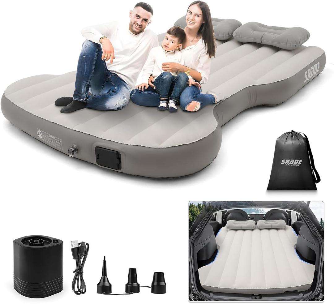 Shademax Self-Inflating Car Air Mattress for Model Y 2025 2024-2020 / Model Y Juniper 2026 Accessories Outdoor Camping Air Bed with 2 Pillows Built-in Pump Air Couch Flocking Air Cushion (Beige&Gray)