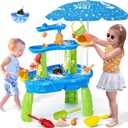 Water Table for Toddlers 3-5, 3-Tier Auto Water-Absorbing Kids Sand Water Table with Water Pump & Umbrella Splash Pond Toy, Activity Sensory Play Table Toys for Outdoor Pool Beach Backyard Summer (Blue & Green)