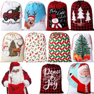 Kajaia 10 Pcs Large Christmas Santa Drawstring Gift Bag, 27.6 x 19.7 Inch Reusable Extra Large Burlap Santa Bulk for Gift Wrapping Bags Christmas Party Favor (Classic Style)