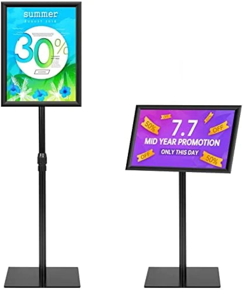 Adjustable Sign Stand Holder, 11 x 17 Inch Poster Stand with More Stable Heavy Duty Metal Base, Floor Standing Outdoor Indoor Display Holder, Adjustable Angles, Cool Black