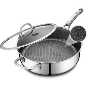 SNOWCLAD Frying Pans Nonstick with Lid, Hybrid Non Stick 5 Quart Saute pan, PFOA Free Cookware, Stainless Steel skillet, 12 inch Deep Saute Pan, Dishwasher&Oven Safe, Works on All Cooktops