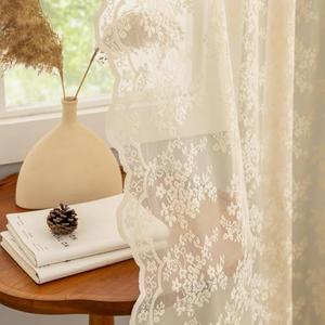 YJ YANJUN Vintage Lace Curtains 45 Inch Length- Cute Floral Cafe Curtains for Living Room Bathroom Kitchen Small Window Cabinet Rod Pocket Light Filtering W52 X L45 Beige
