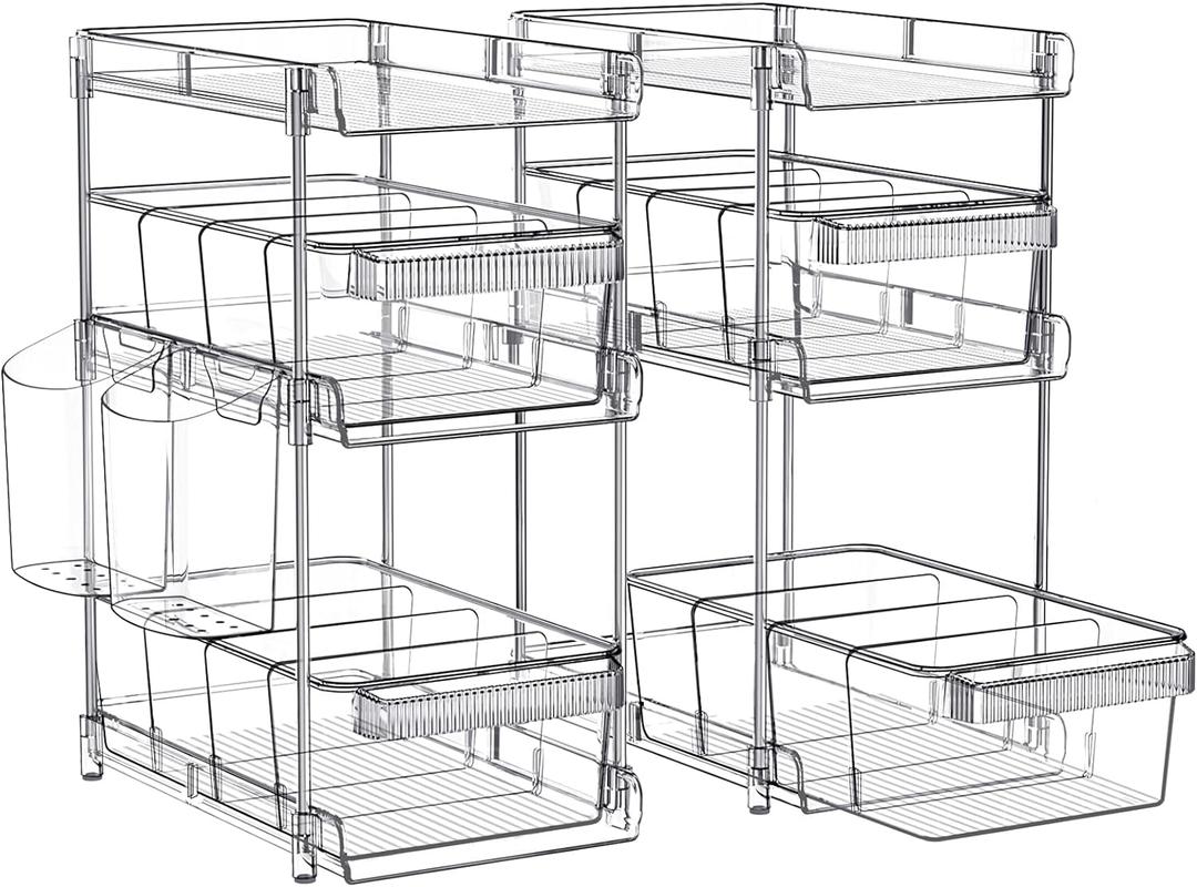 Clear Bathroom Organizers 2 Sets 3 Tier, Pull Out Organizer and Storage with 2 Cups, Slide Out Drawer Storage Container with 6 Dividers, Multi-Purpose Bathroom Organizer, Kitchen Under Sink Organizer